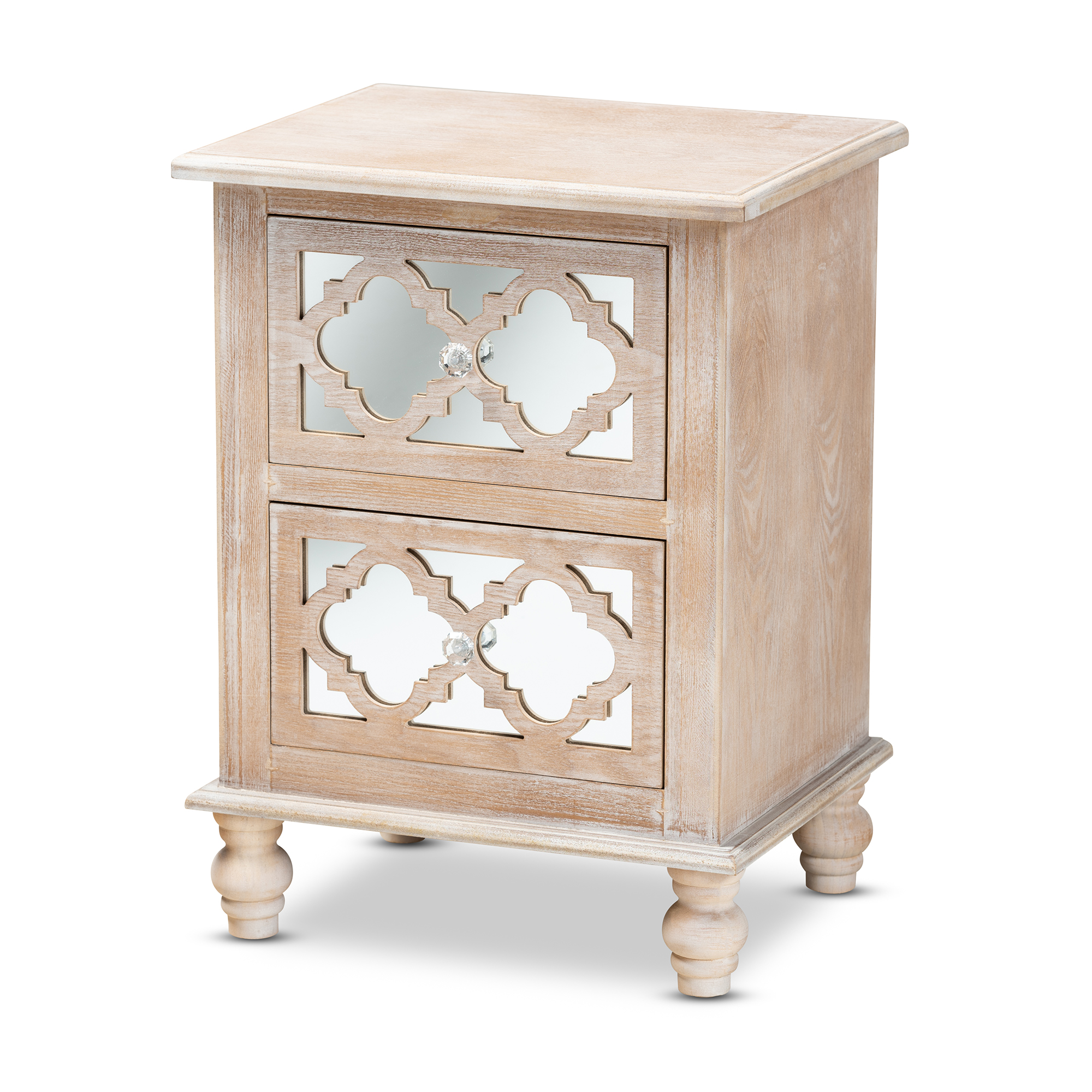 Baxton Studio Celia Transitional Rustic French Country White-Washed Wood and Mirror 2-Drawer Quatrefoil End Table